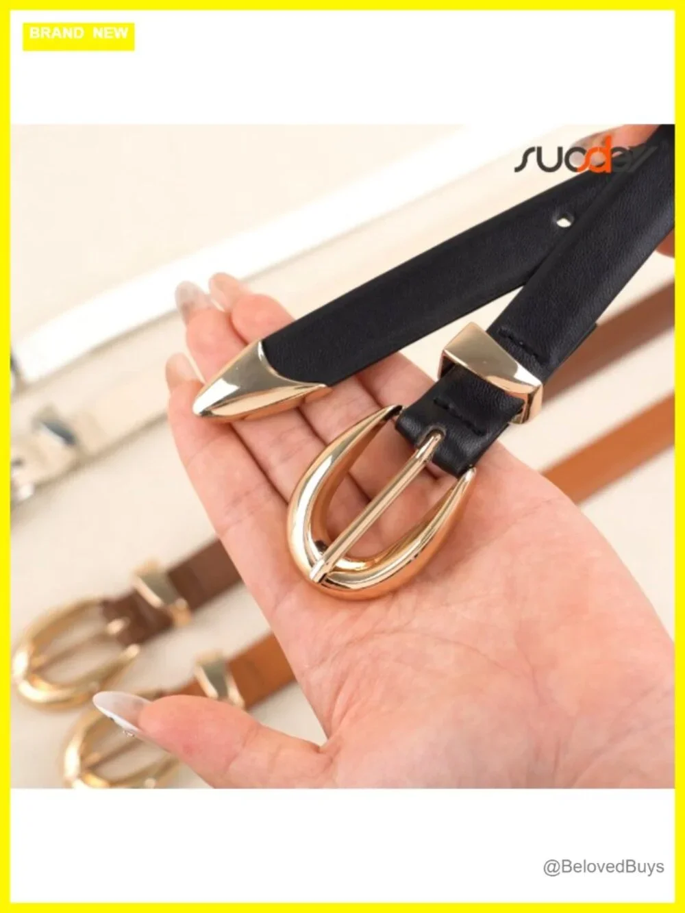 Women's Skinny Faux Leather Belt with Alloy Gold Buckle 0.8